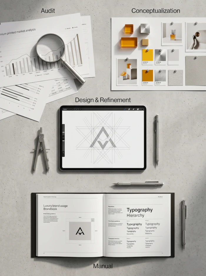 Branding e Identidad Digital Premium, Diseño de marca corporativa, Estrategia de identidad visual, Posicionamiento de marca digital, Creación de ecosistemas visuales