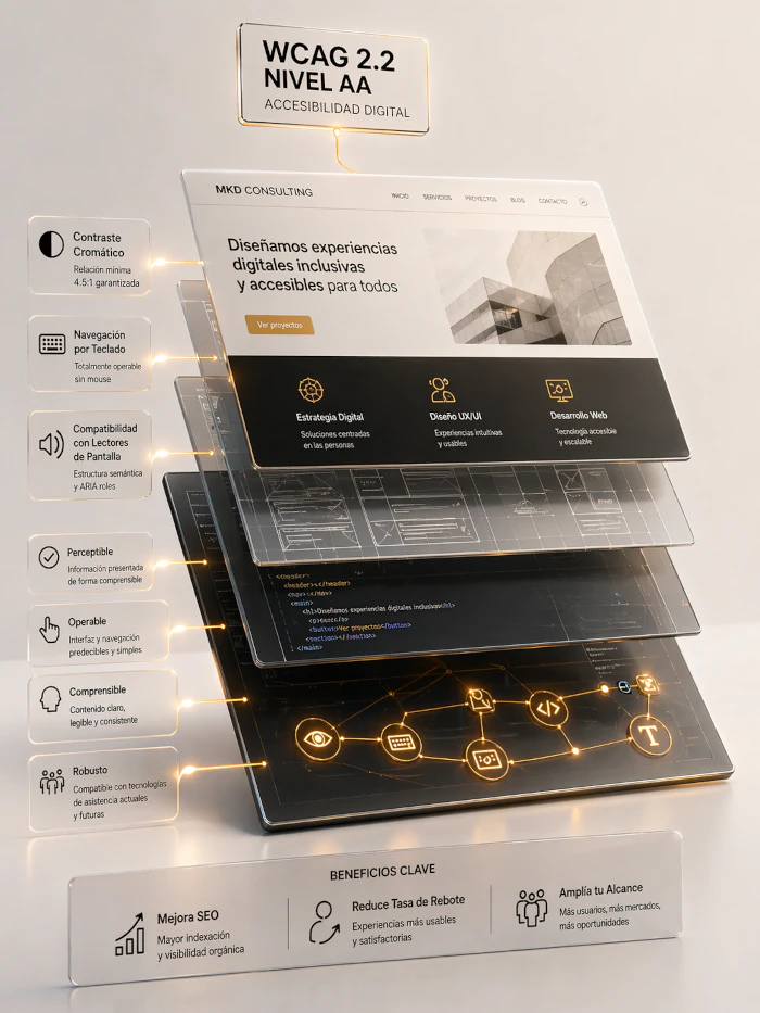 Diseño Web y UX/UI Estratégico,Rediseño web centrado en la conversión, Arquitectura web y experiencia de usuario, Interfaz digital estratégica, Optimización UX/UI premium.