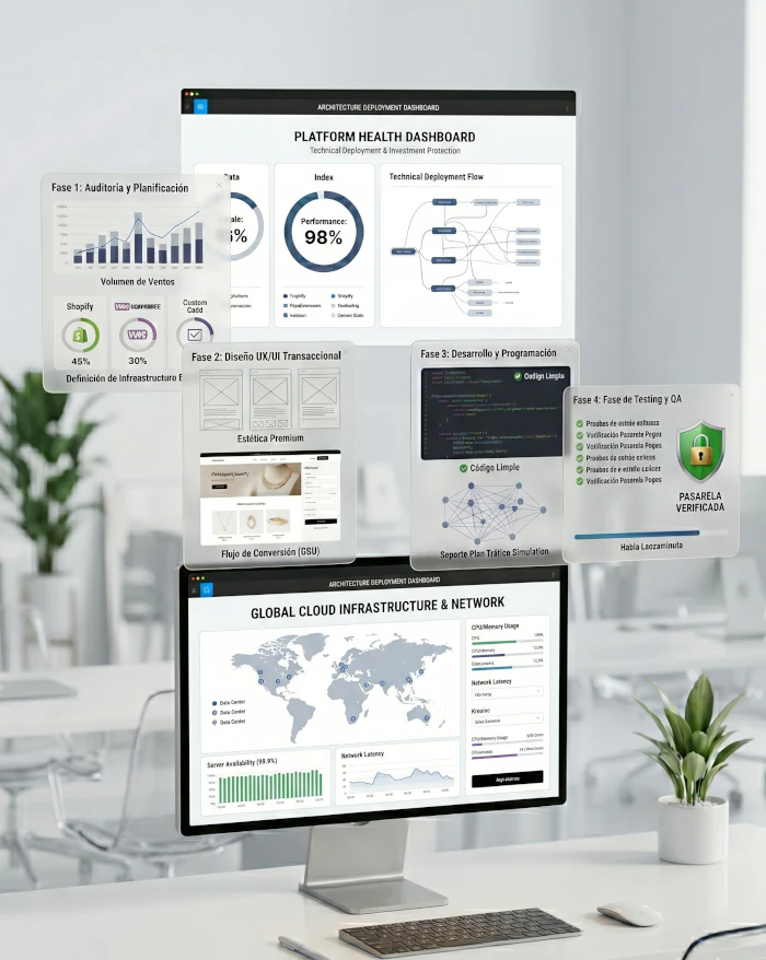 Desarrollo E-commerce Alto Rendimiento, Creación de tiendas online escalables, Arquitectura e-commerce premium, Diseño de plataformas de venta online, Optimización de conversión e-commerce.